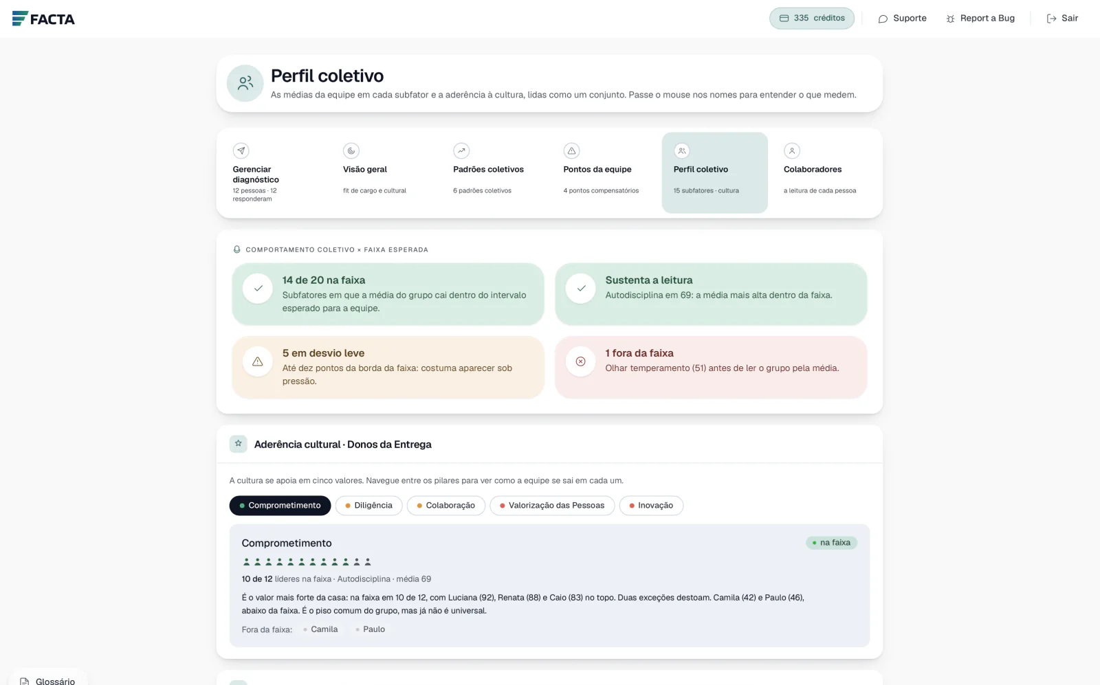 Perfil coletivo com forças, desvios e aderência cultural da equipe